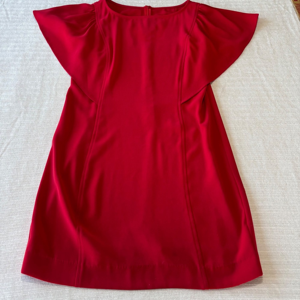 St. John Red Flutter Sleeve Shift Dress Size 8 Scoop Neck Mini Dress